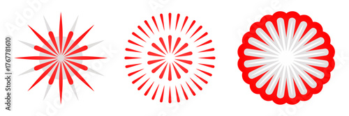 Radiant red and white sunbursts, concentric rays, sparkler fireworks icons, celebratory decoration set, vector design, isolated