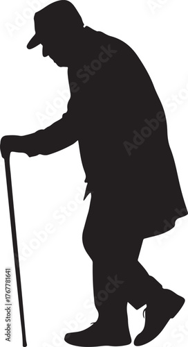 Black silhouette of an elderly man with a cane walking senior