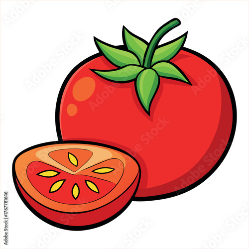 Cartoon style of red tomato with green leaf and a sliced tomato vector illustration.