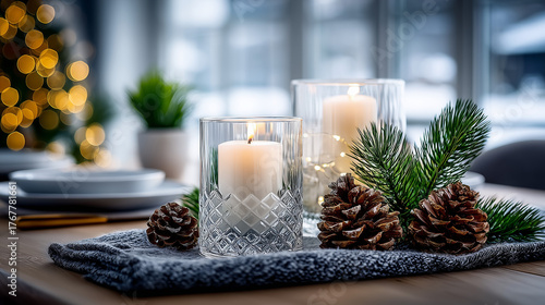 Eco Christmas Table Decoration with Pinecones in Glass, Candlelight and Fairy Lights, Cozy DIY Holiday Centerpiece, Natural Festive Home Decor.