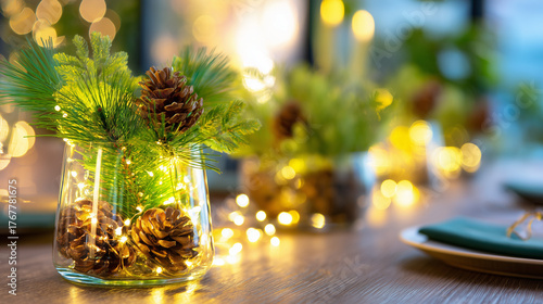 Eco Christmas Table Decoration with Pinecones in Glass, Candlelight and Fairy Lights, Cozy DIY Holiday Centerpiece, Natural Festive Home Decor.