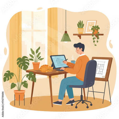 Vector illustration of an architect drawing on a tablet at home with plants and cat. Concept of remote work, creativity, and cozy home office. Vector illustration