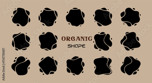 Set of organic black shapes with fluid and irregular forms on a textured background