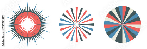 Radiating star core burst, thin spoke rays, tricolor palette, paired rotational rosette, festive fireworks icons, vector pack