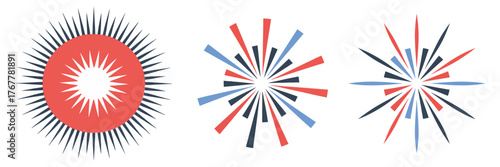 Symmetric vector starburst, vivid rays in tricolor, rotating sun pattern, dynamic fireworks accents, celebration elements, isolated