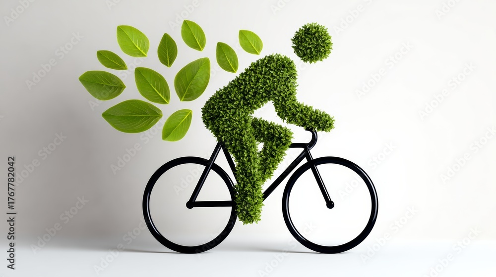 Naklejka premium Green bicycle rider made of lush foliage and leaves, symbolizing eco-friendly transportation and sustainability, with vibrant green elements creating a dynamic and energetic atmosphere