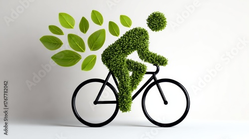 Green bicycle rider made of lush foliage and leaves, symbolizing eco-friendly transportation and sustainability, with vibrant green elements creating a dynamic and energetic atmosphere