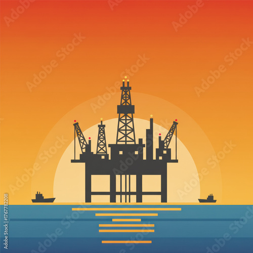 Vector illustration of offshore oil rig platform in ocean at sunset. Concept of petroleum industry, drilling, and energy production. Vector illustration