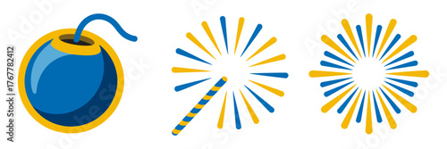 Blue yellow ornament bomb with fireworks, patriotic celebration elements, festive holiday bursts, modern minimal vector clipart