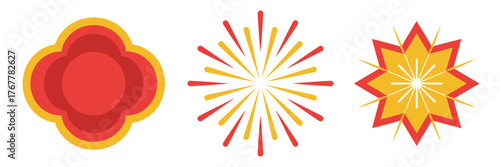 Red yellow festival fireworks, flower rosette inspiration, bright starburst patterns, holiday celebration graphics, vector elements, patriotic palette