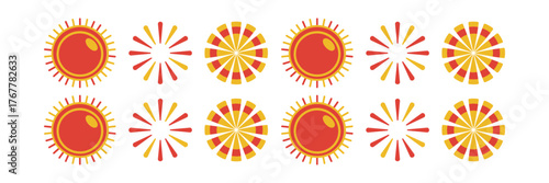 Golden orange fireworks row, circular suns and starbursts, celebratory accents, parade decor, cultural festival vibe, vector design