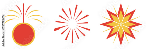 Scarlet and gold fireworks, glowing orb with trails, radial stars, festive celebration icons, national colors theme, vector