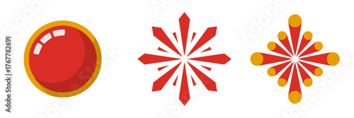 Shiny red button emblem, paired red yellow bursts, patriotic fireworks art, celebration concept, festival decoration, editable vector