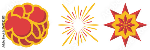 Red gold chrysanthemum fireworks, clustered bursts and pointed star, festival celebration design, patriotic theme palette, clean vector