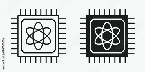 Professional vector illustration of a quantum neural chip combining advanced computing and neural technology. Designed with a sleek gray background and minimal EPS vector style.