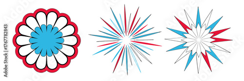 Red white blue fireworks medley, flower rosette and star trails, national celebration concept, parade graphics, vector illustration