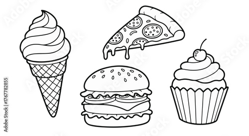 Delicious desserts and fast food items in a simple black silhouette