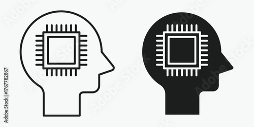 High-quality vector icon representing a neural interface connection between human intelligence and digital systems. Designed with a modern gray background and clean EPS vector style,