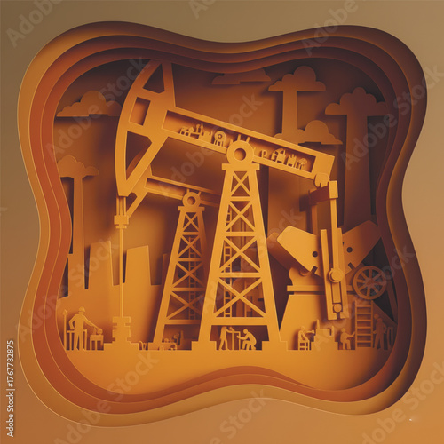 3D paper cut vector illustration of oil pump jack and workers. Concept of petroleum industry, drilling, energy production, and engineering.. Vector illustration