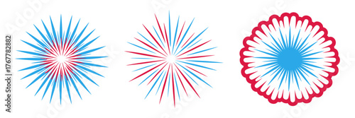 Patriotic burst trio, blue pink and cyan fireworks, radial spark patterns, holiday celebration artwork, clean minimal vector