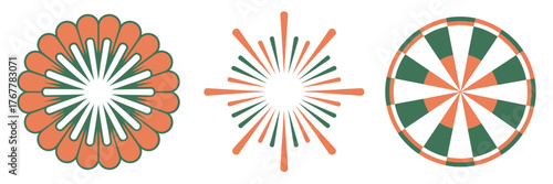 Vintage rosette badge and carousel wheel, rustic orange green palette, national color fireworks set, festive vector elements