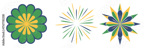 Green floral rosette with yellow heart, slender starburst companion, multicolor spiky emblem, patriotic fireworks graphics, celebration vector artwork