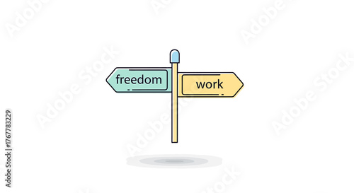 A signpost points to freedom and work, a crossroads dilemma concept, AI vector illustration