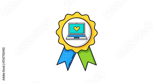 AI-crafted Vector illustration Award ribbon with laptop, symbolizing digital excellence and top-tier technology