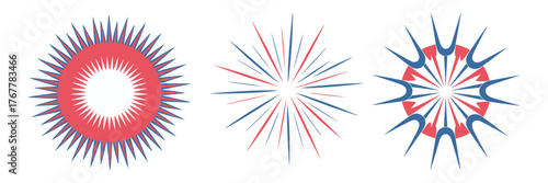 Red white blue sunburst wheels, radial sparkle explosions, patriotic festival icons, minimal starburst designs, modern vector pack