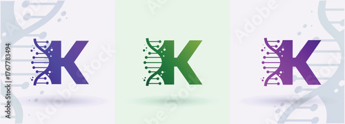 Letter K DNA helix monogram logo biotech genetics medical laboratory science brand identity alphabet

