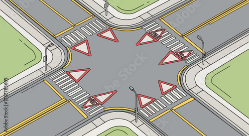 Isometric Illustration Of Road Intersection With Yield Signs And Pedestrian Crossings