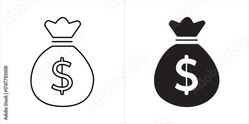 Vector art of two money bag icons, one black and one outline, representing wealth and finance