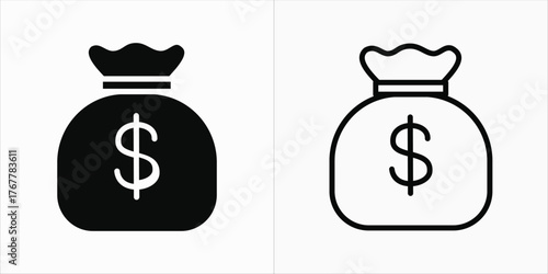 Vector art of two money bag icons, one black and one outline, representing wealth and finance
