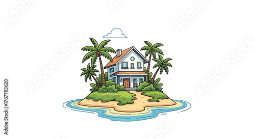 AI-Generated Vector illustration of a Tropical Island Home with Palm Trees and Sandy Beach