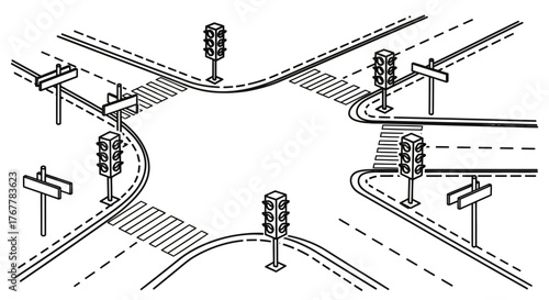 Isometric Urban Intersection Depicting Roadways, Signals, And Pedestrian Crossings