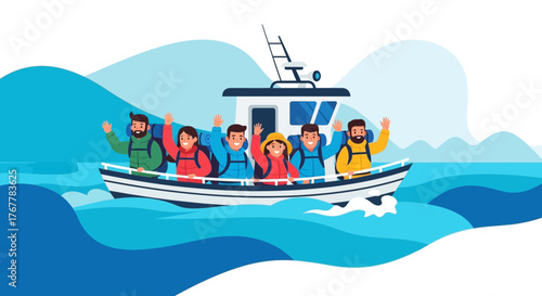 Joyful Group on A Boat Sailing Through The Ocean, Waving Enthusiastically