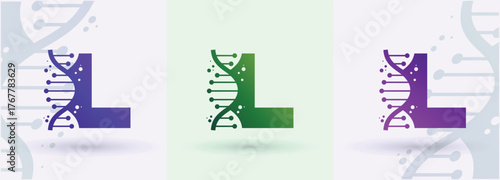 Letter L DNA helix monogram logo biotech genetics medical laboratory science brand identity alphabet
