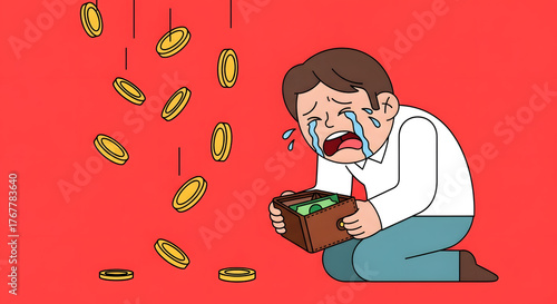 Man Overcome with Grief and Financial Despair, Holding an Empty Wallet as Money Slips Away, Symbolizing Economic Hardship and Personal Crisis