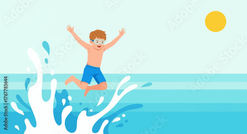 Joyful Boy Diving Into Azure Sea Water With Sun Shining Bright Above