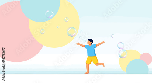 Joyful Boy Erupting Bubbles With Abstract Colorful Background, Illustration
