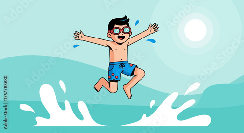 Joyful Boy Leaping Into Water Creates a Refreshing Splash on a Sunny Day