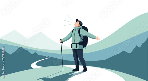 Joyful Hiker Celebrating On Top Of The Mountain With Open Arms During Vacation