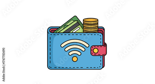 AI-enhanced payment gateway vector illustration showing a secure digital wallet with Wi-Fi connectivity for online transactions and financial management