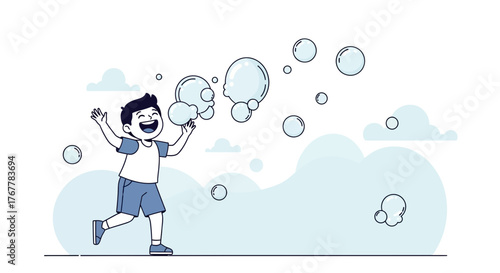 Joyful Boy Plays With Bubbles Floating Happily Above a Blue Background
