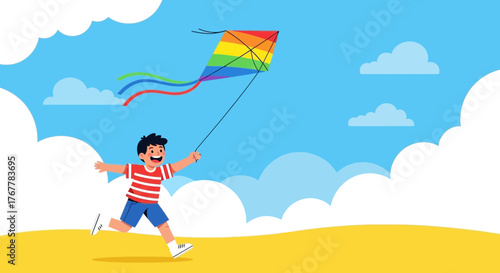 Joyful Boy Running In The Field Flying a Colorful Rainbow Kite Under the Clear Blue Sky