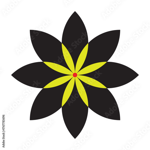 Vector art of stylized black and yellow flower with red center