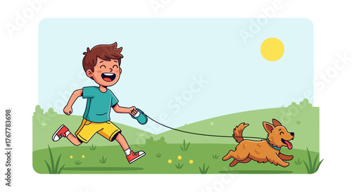 Joyful Boy Running With Energetic Dog In Sunny Park During Lovely Daytime