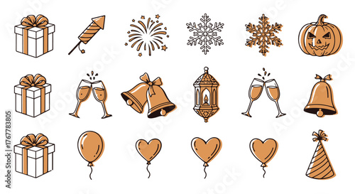 Festive autumn and winter icons with gifts pumpkins and celebrations silhouette