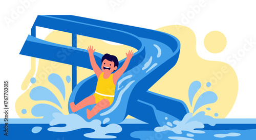 Joyful Child Sliding Down a Water Slide at a Sunny Amusement Park