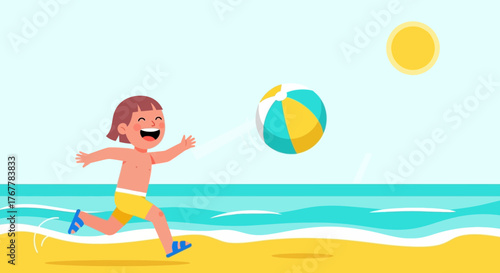 Joyful Day Dream Of Child Chasing A Colorful Ball On The Sunny Beach Adventure